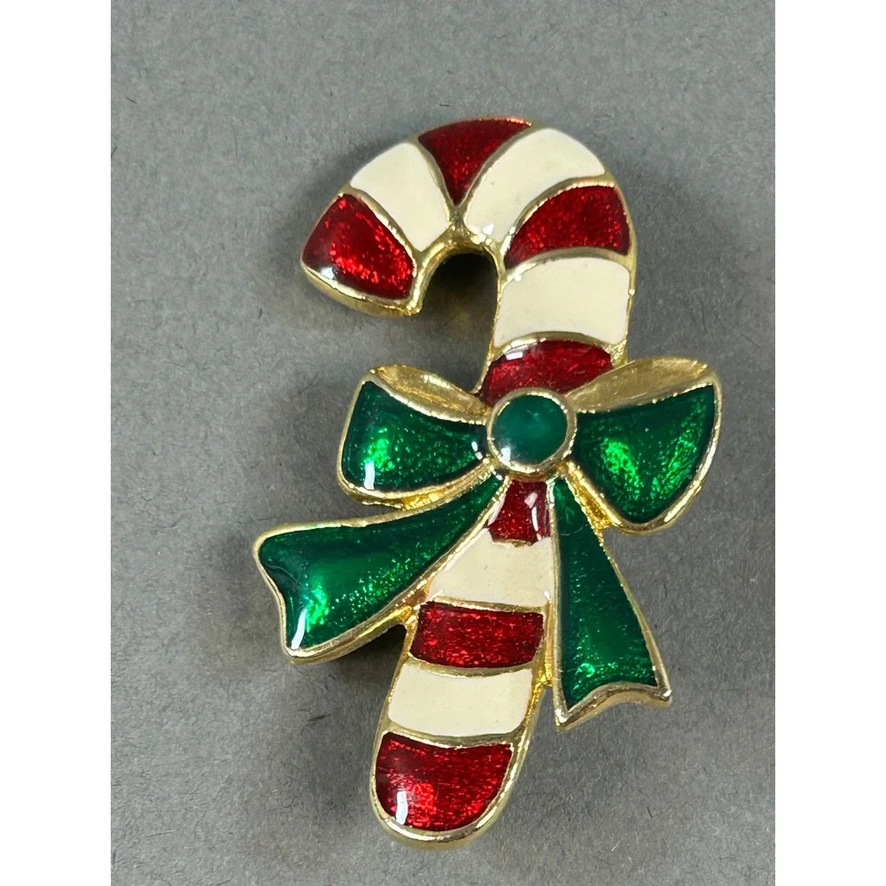 Vintage Christmas Brooch Set Gold Tone Candy Cane Ornament Snowman Enamel Pins